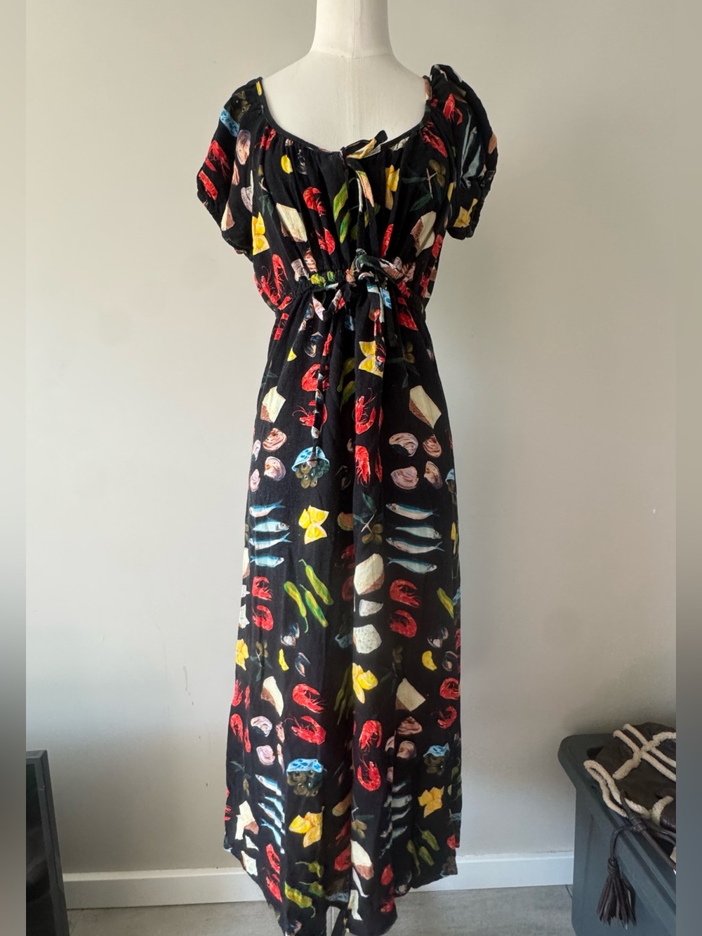 Lisa Says Gah Lux Food Print Maxi Dress Tapas Black Lemon Olive Fruit